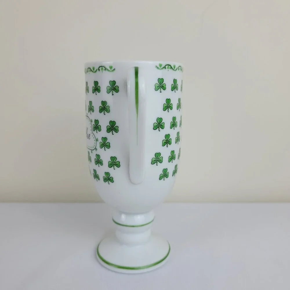 Vintage Irish Coffee Mug Footed Pedestal Green lucky Clover Shamrock 1345, Japan